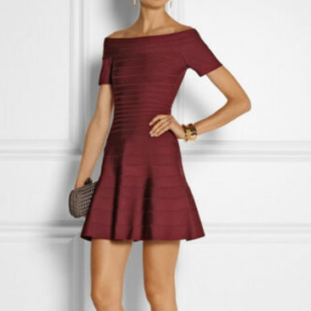 Herve Leger Liza Bandage Beet Boat Neck Flared Dress Authentic